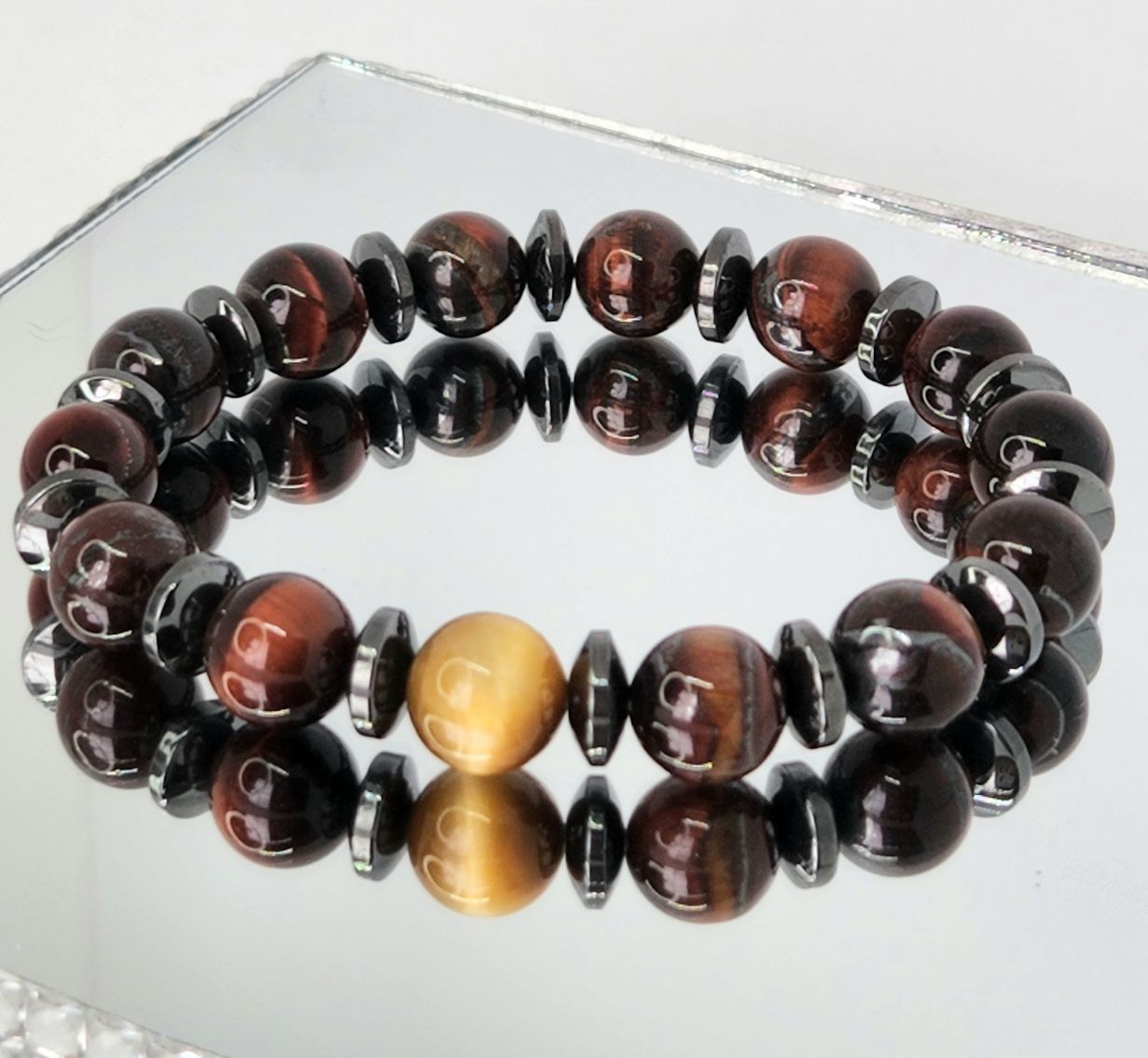 Garnet Stone Tiger Eye Bracelet Beads Naturally stretchy With Hematite  Spacers 