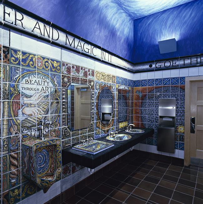 undefined - Matt Nolen, The Social History of Architecture (detail, west wing men's washroom), 1999; vitreous china and glaze. John Michael Kohler Arts Center Collection.